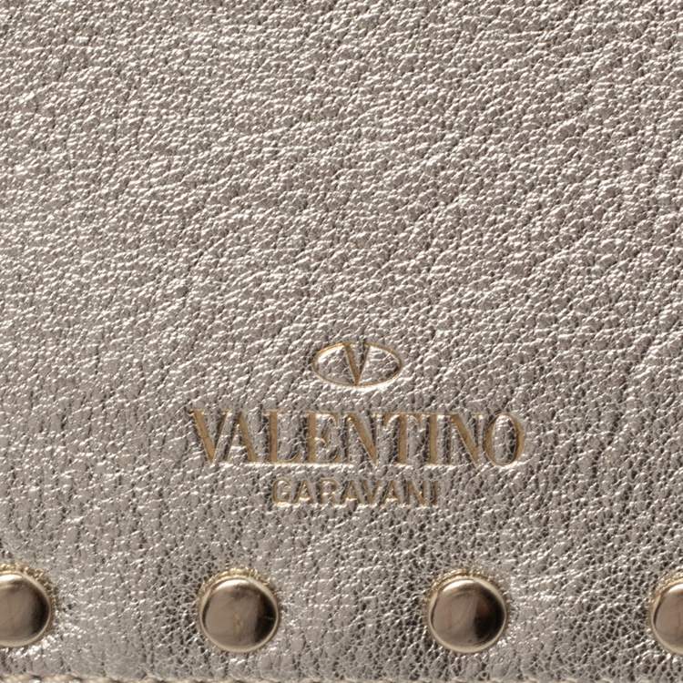 Pre Owned Valentino Metallic Gold Leather Rockstud Zip Card Holder 