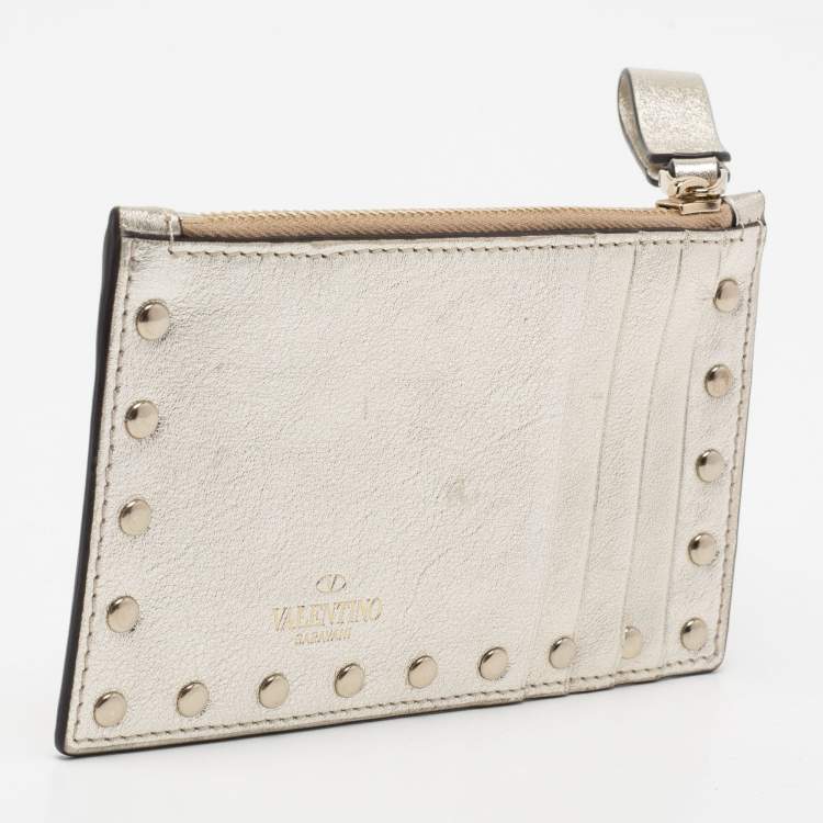Pre Owned Valentino Metallic Gold Leather Rockstud Zip Card Holder 