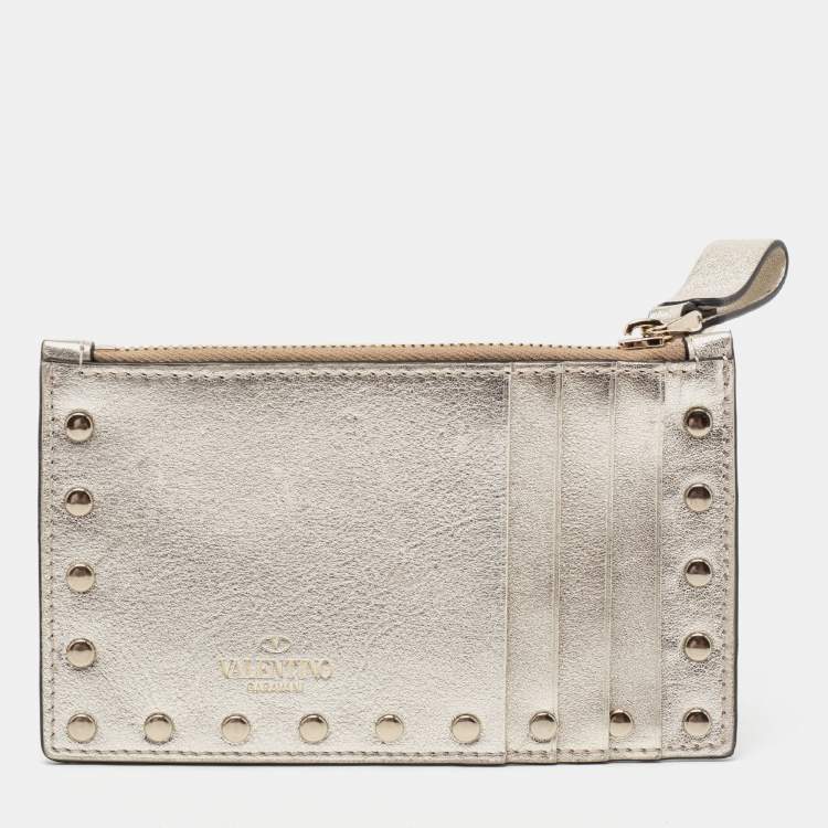 Pre Owned Valentino Metallic Gold Leather Rockstud Zip Card Holder 