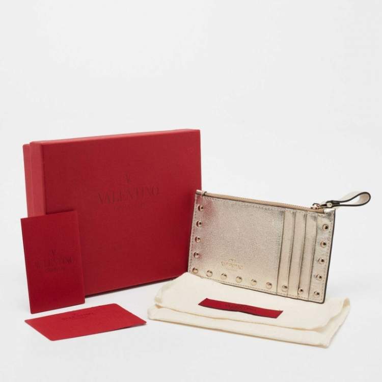 Pre Owned Valentino Metallic Gold Leather Rockstud Zip Card Holder 