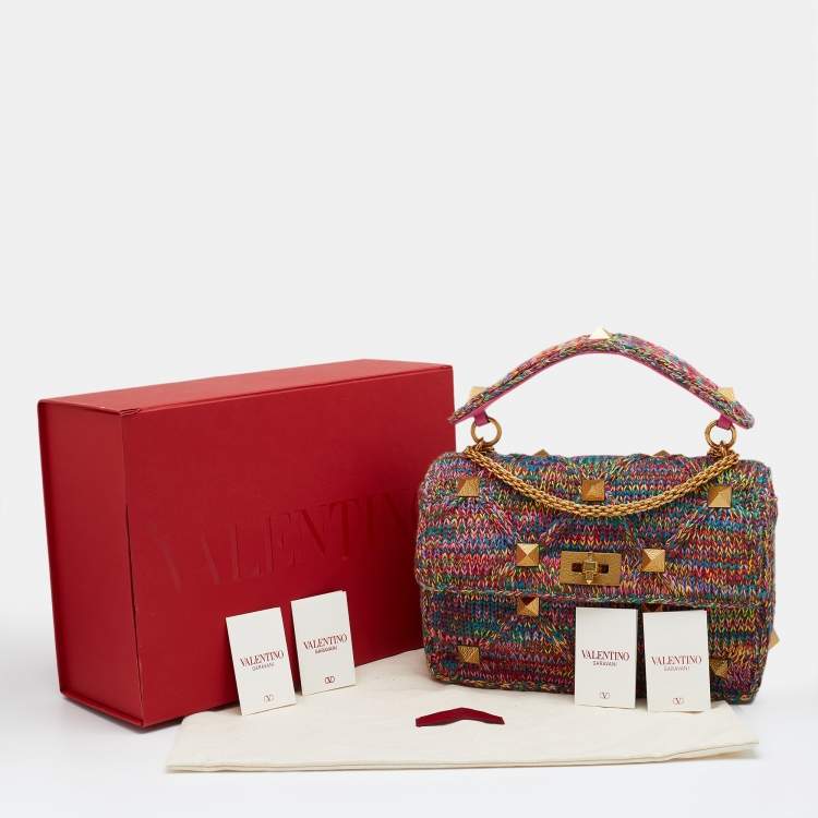 مملوكة مسبقًا Valentino Multicolored Woven Cotton Fabric Large Roman Stud Top Handle Bag 