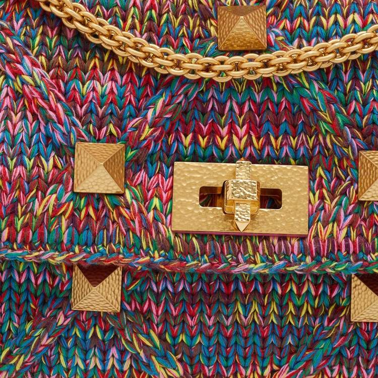 مملوكة مسبقًا Valentino Multicolored Woven Cotton Fabric Large Roman Stud Top Handle Bag 
