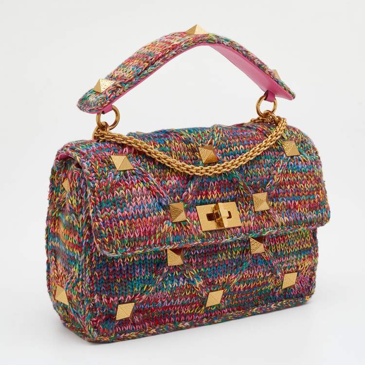 مملوكة مسبقًا Valentino Multicolored Woven Cotton Fabric Large Roman Stud Top Handle Bag 