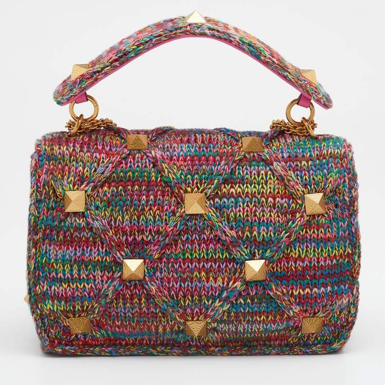 مملوكة مسبقًا Valentino Multicolored Woven Cotton Fabric Large Roman Stud Top Handle Bag 
