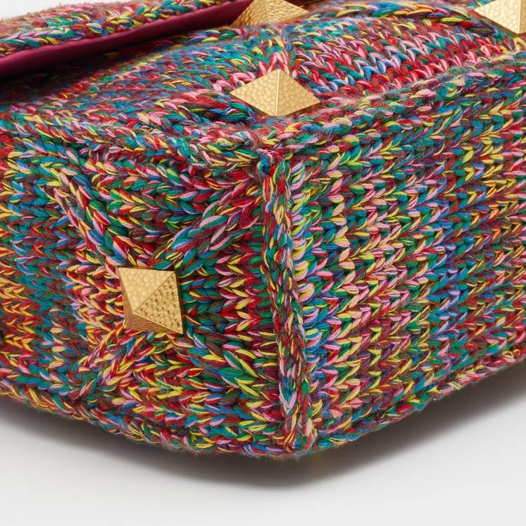 مملوكة مسبقًا Valentino Multicolored Woven Cotton Fabric Large Roman Stud Top Handle Bag 