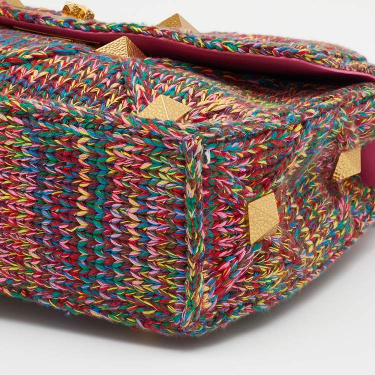 مملوكة مسبقًا Valentino Multicolored Woven Cotton Fabric Large Roman Stud Top Handle Bag 