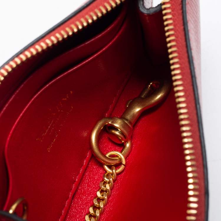 Pre Owned Valentino Red Saffiano Leather Rockstud Twist Lock Zip Wallet 