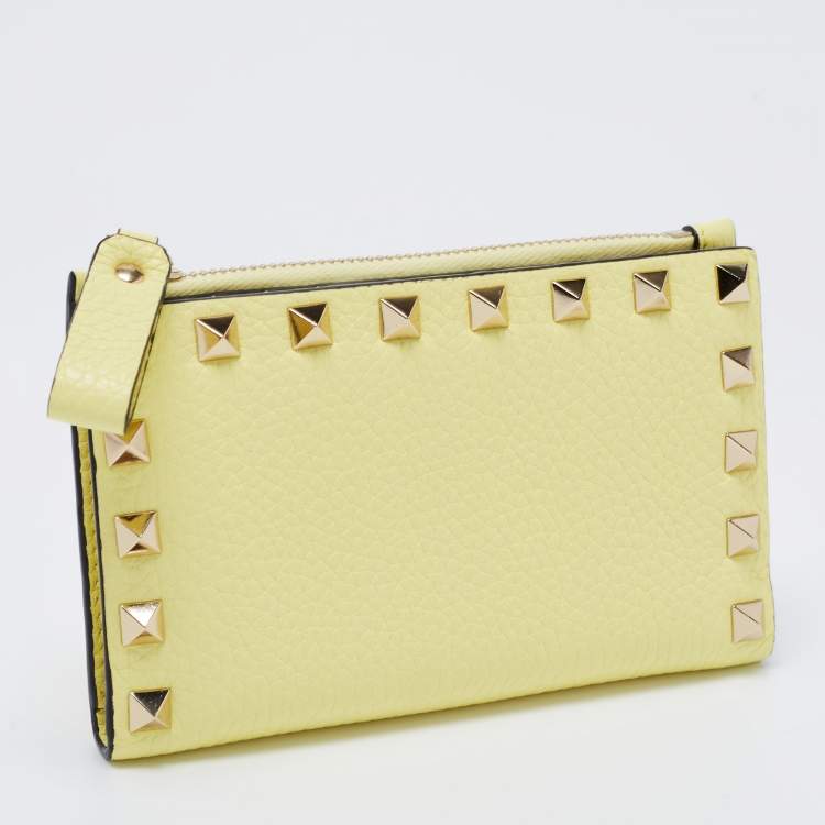 Pre Owned Valentino Yellow Leather Rockstud Zip Card Case