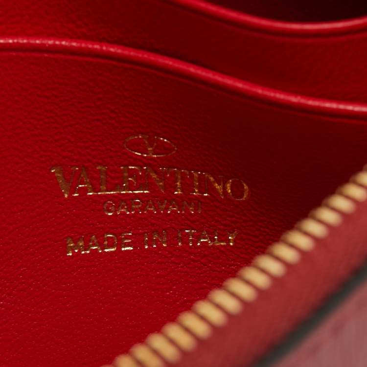 Pre Owned Valentino Red Saffiano Leather Rockstud Twist Lock Zip Wallet 