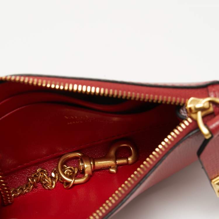 Pre Owned Valentino Red Saffiano Leather Rockstud Twist Lock Zip Wallet 