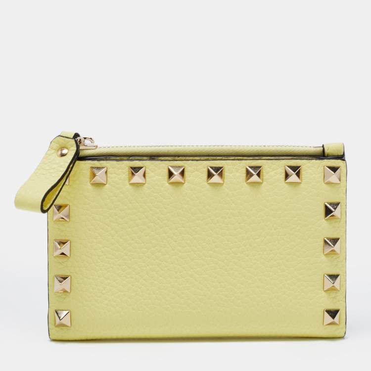 Pre Owned Valentino Yellow Leather Rockstud Zip Card Holder