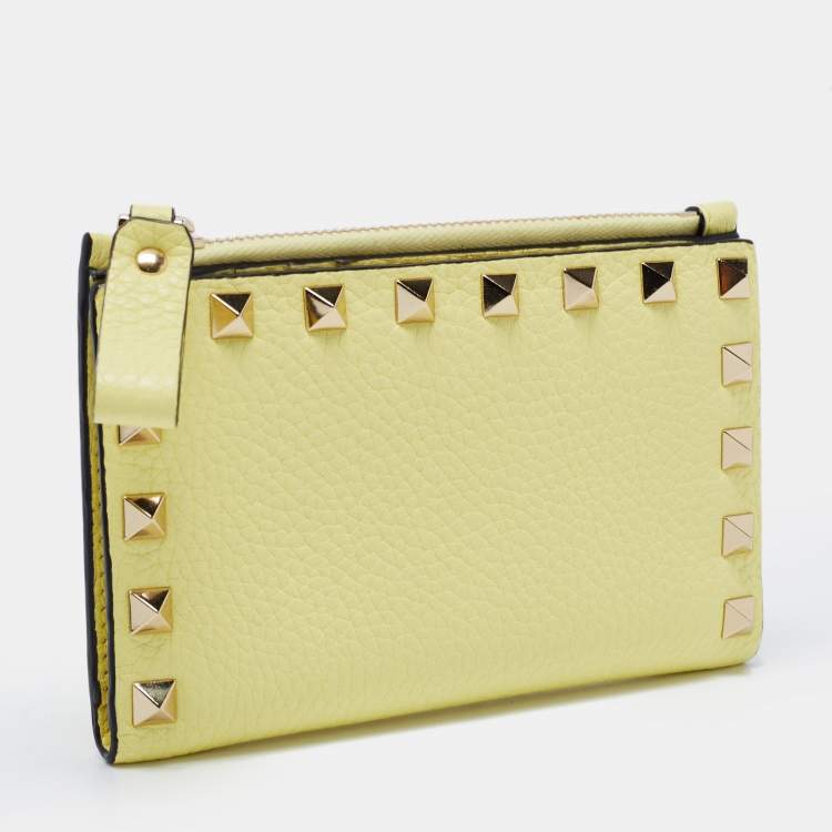 Pre Owned Valentino Yellow Leather Rockstud Zip Card Holder