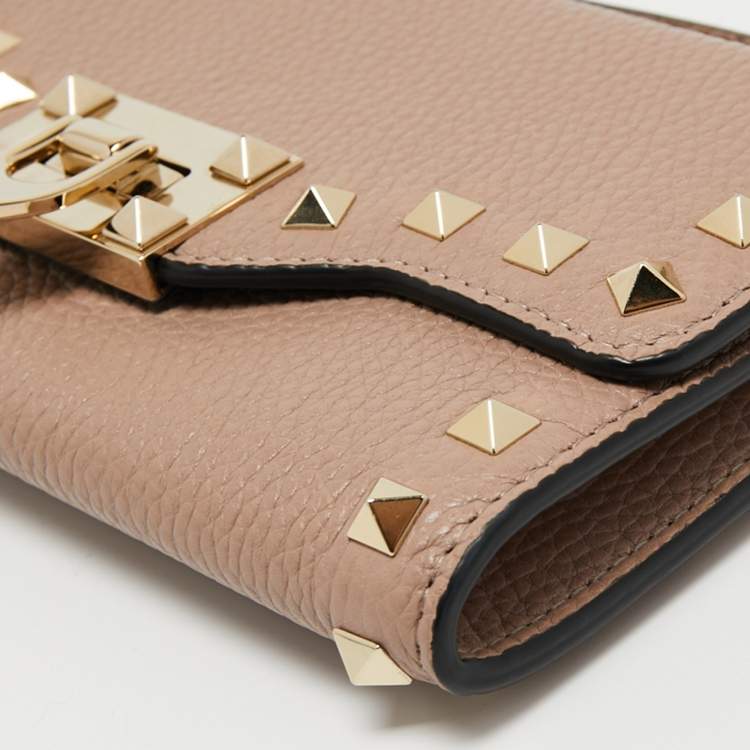 Pre Owned Valentino Dusty Pink Leather Rockstud Wallet on Chain