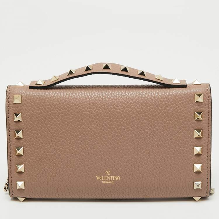 Pre Owned Valentino Dusty Pink Leather Rockstud Wallet on Chain