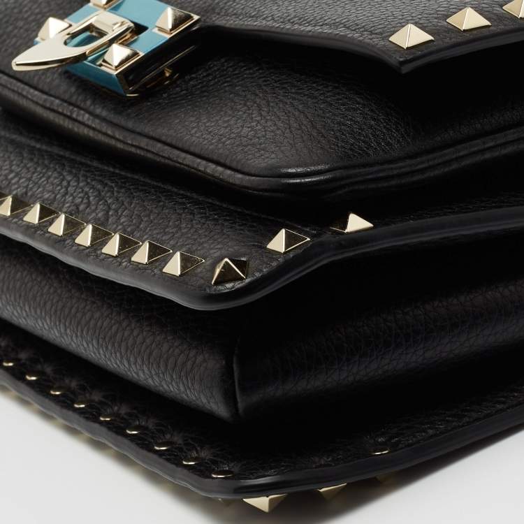 Pre Owned Valentino Black Leather Rockstud Flap Top Handle Bag