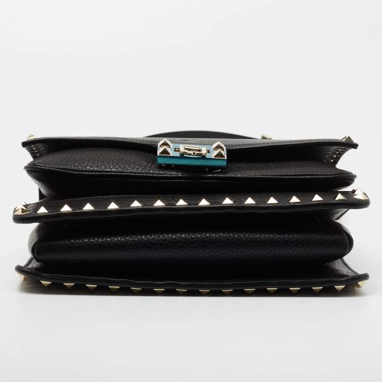 Pre Owned Valentino Black Leather Rockstud Flap Top Handle Bag
