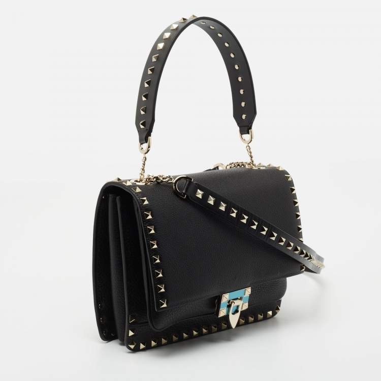 Pre Owned Valentino Black Leather Rockstud Flap Top Handle Bag