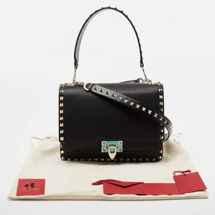 Pre Owned Valentino Black Leather Rockstud Flap Top Handle Bag