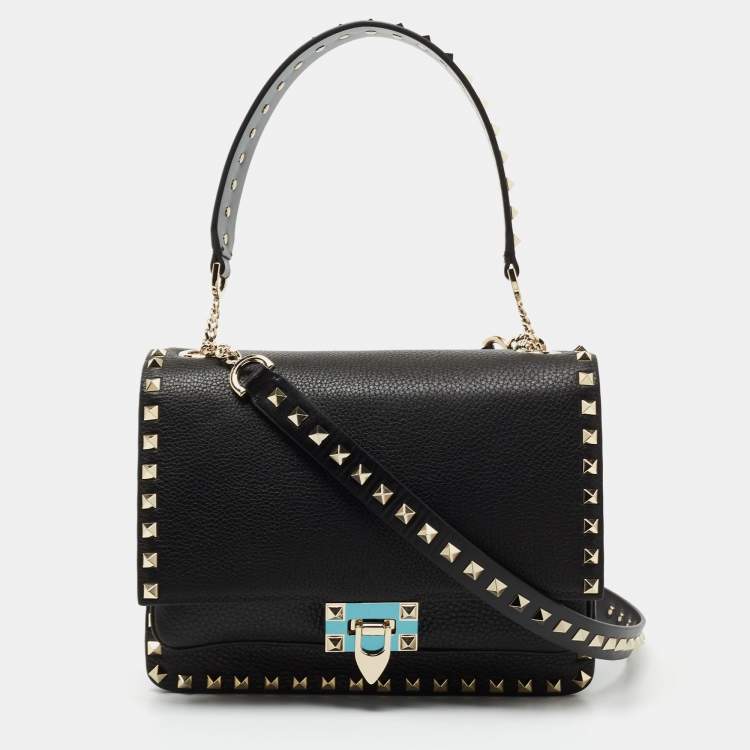 Pre Owned Valentino Black Leather Rockstud Flap Top Handle Bag