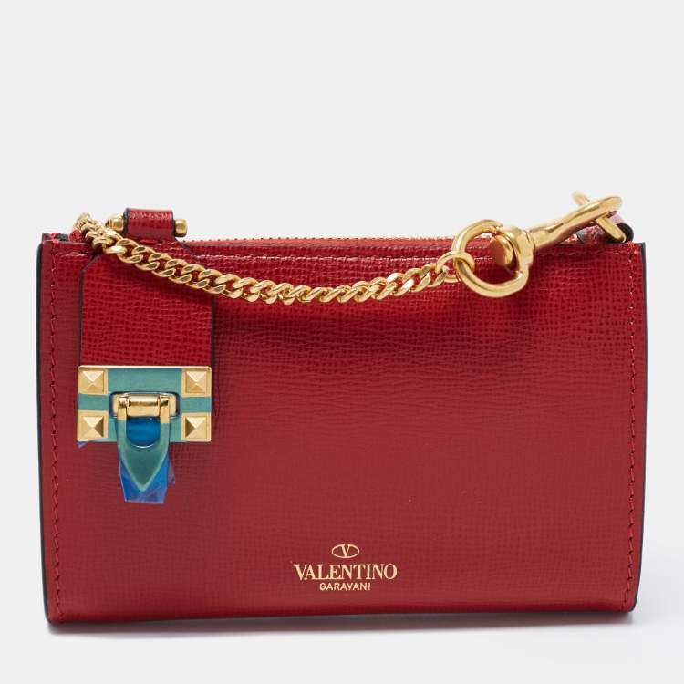 Pre Owned Valentino Red Leather Rockstud Twist Lock Zip Wallet 