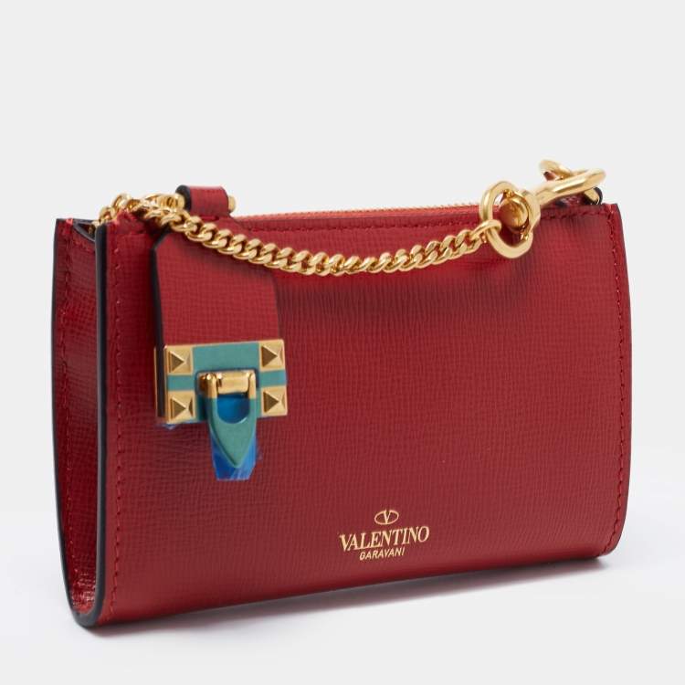 Pre Owned Valentino Red Leather Rockstud Twist Lock Zip Wallet 