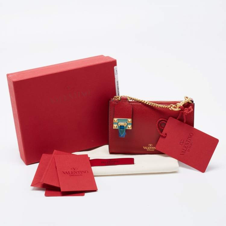 Pre Owned Valentino Red Leather Rockstud Twist Lock Zip Wallet 