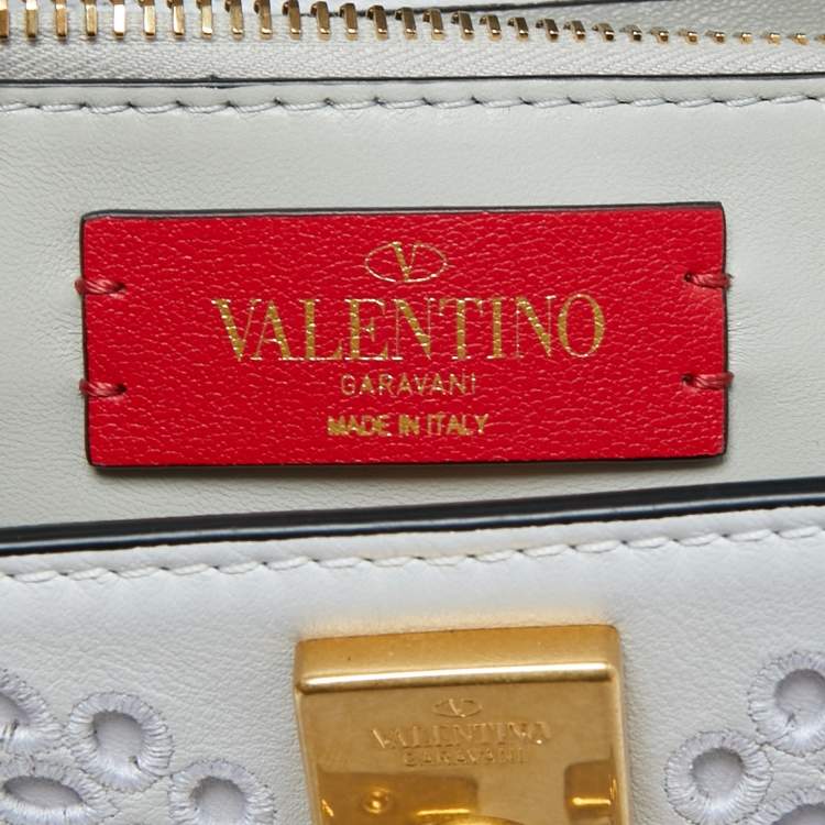 مملوكة مسبقًا Valentino White San Gallo Embroidery Leather Small VSling Top Handle Bag