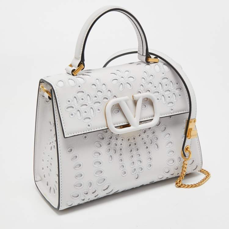مملوكة مسبقًا Valentino White San Gallo Embroidery Leather Small VSling Top Handle Bag