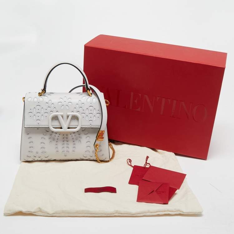 مملوكة مسبقًا Valentino White San Gallo Embroidery Leather Small VSling Top Handle Bag