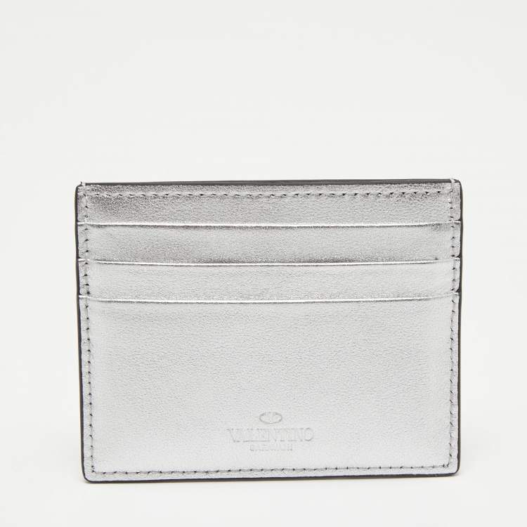 Pre Owned Valentino Silver/Black Leather VLTN Card Holder
