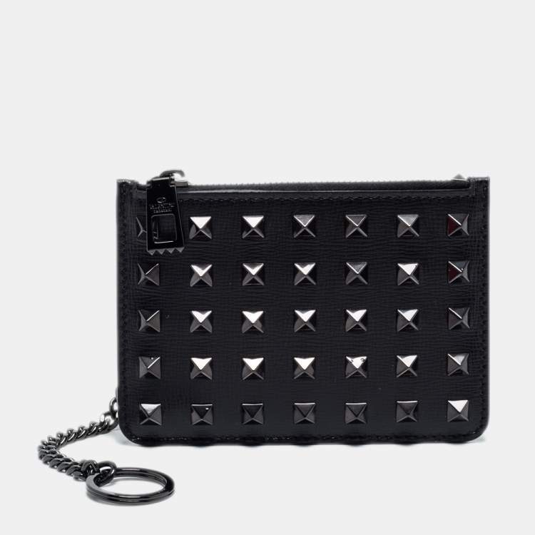 Pre Owned Valentino Black Leather Rockstud Zip Card Case
