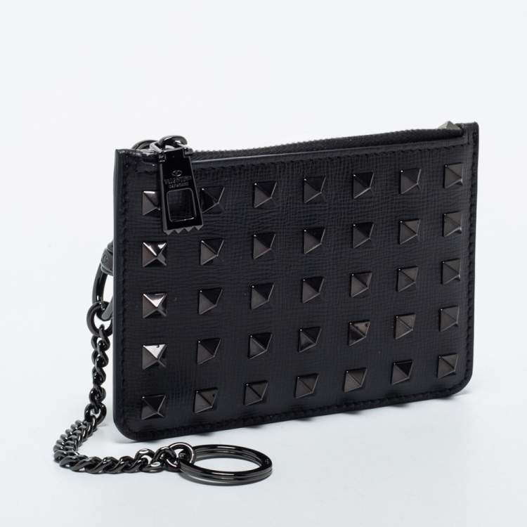 Pre Owned Valentino Black Leather Rockstud Zip Card Case