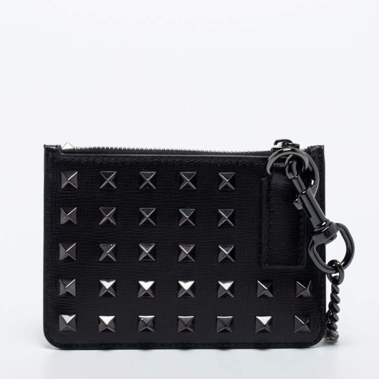 Pre Owned Valentino Black Leather Rockstud Zip Card Case