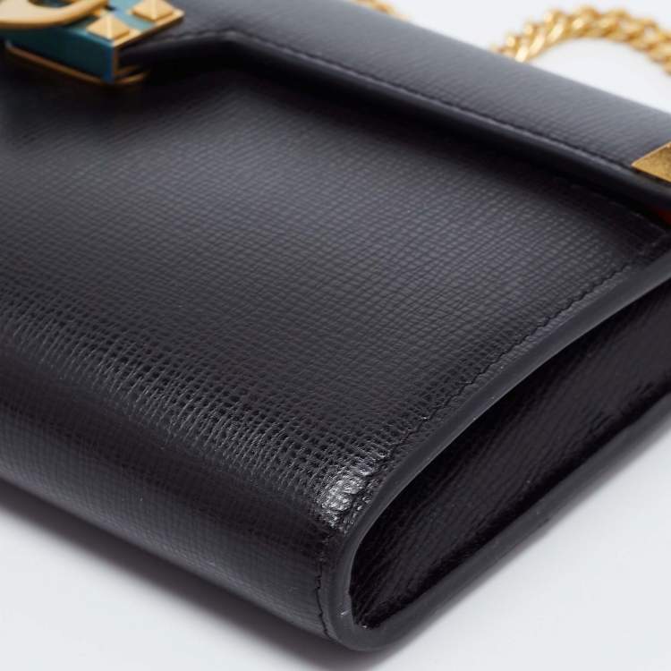 Pre Owned Valentino Black Leather Alcove Wallet On Chain