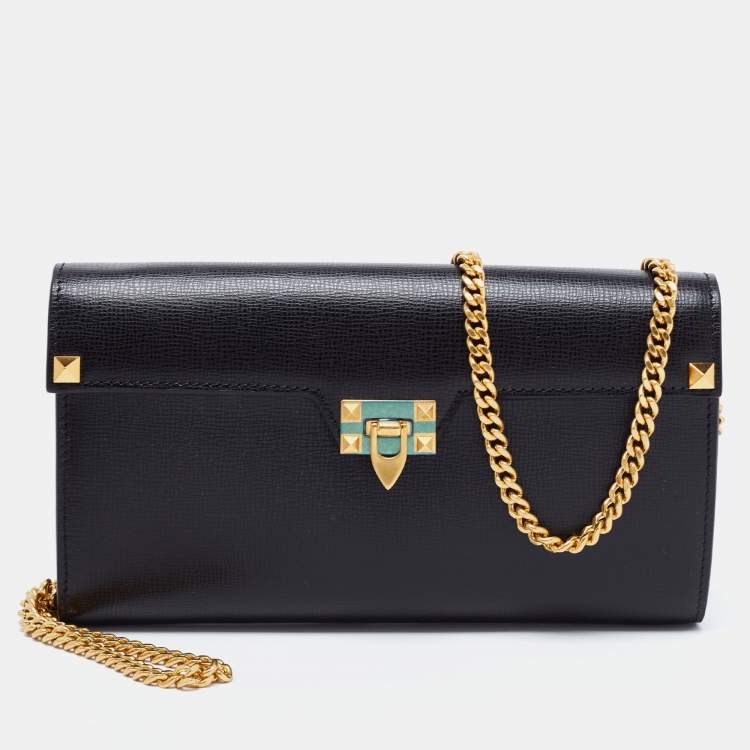Pre Owned Valentino Black Leather Alcove Wallet On Chain