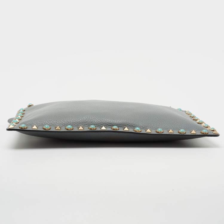 Pre Owned Valentino Grey Leather Rockstud Zip Pouch