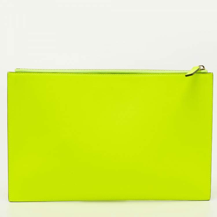 Pre Owned  Valentino Neon Green Leather Vlogo Flat Zip Pouch
