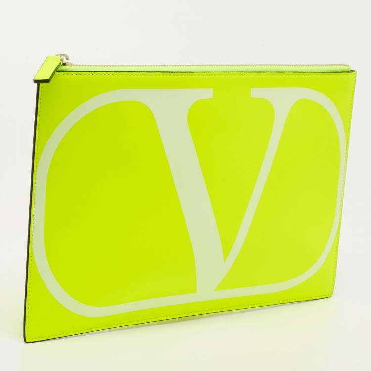 Pre Owned  Valentino Neon Green Leather Vlogo Flat Zip Pouch
