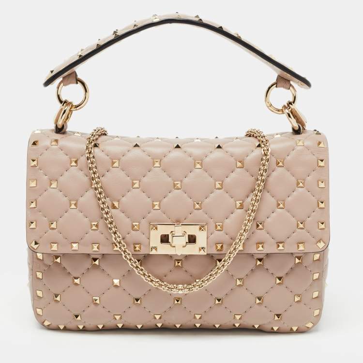 Pre Owned Valentino Pink Leather Medium Rockstud Spike Top Handle Bag