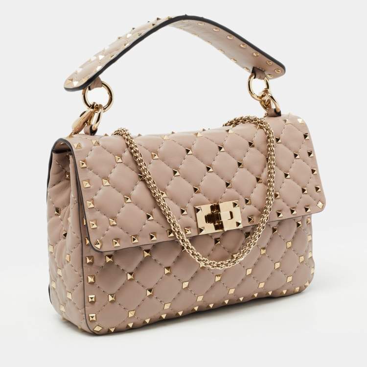 Pre Owned Valentino Pink Leather Medium Rockstud Spike Top Handle Bag