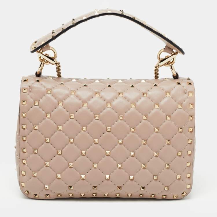 Pre Owned Valentino Pink Leather Medium Rockstud Spike Top Handle Bag