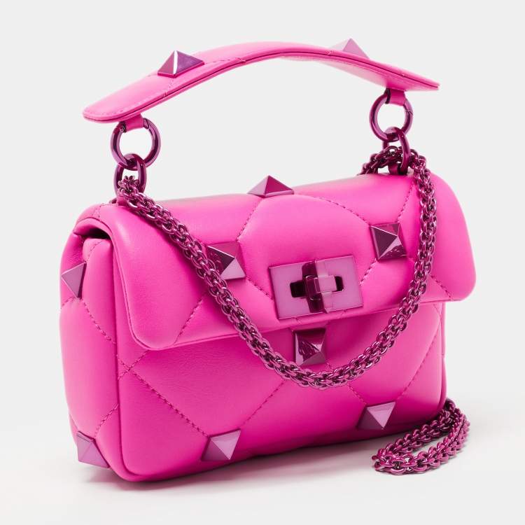 Pre Owned Valentino Pink Leather Small Roman Stud Top Handle Bag