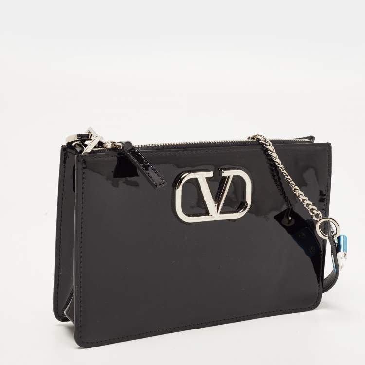 Pre Owned Valentino Black Patent Leather Vsling Zip Shoulder Bag