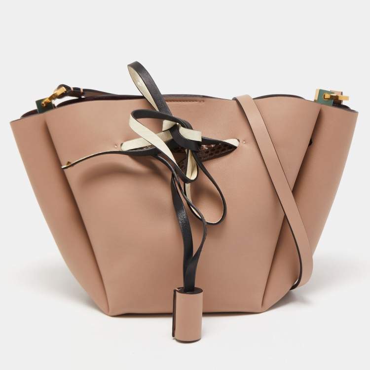 Pre Owned Valentino Old Rose Leather and Snake Drawstring VLogo Bucket Bag