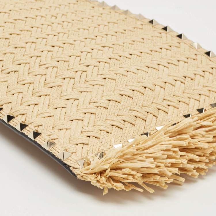 Pre Owned Valentino Brown/Natural Raffia and Leather Rockstud Zip Pouch