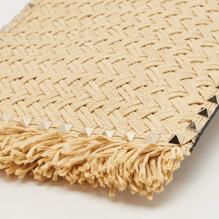 Pre Owned Valentino Brown/Natural Raffia and Leather Rockstud Zip Pouch