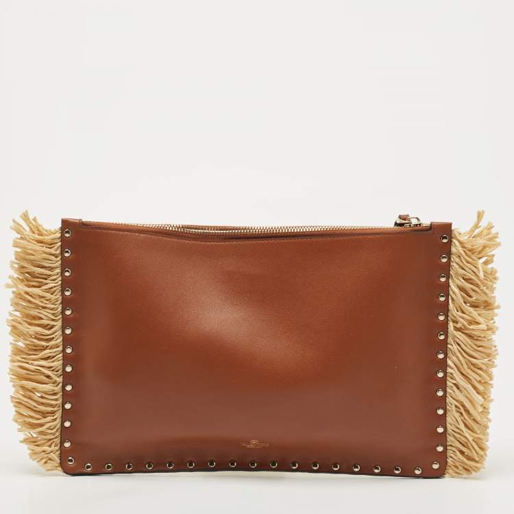 Pre Owned Valentino Brown/Natural Raffia and Leather Rockstud Zip Pouch