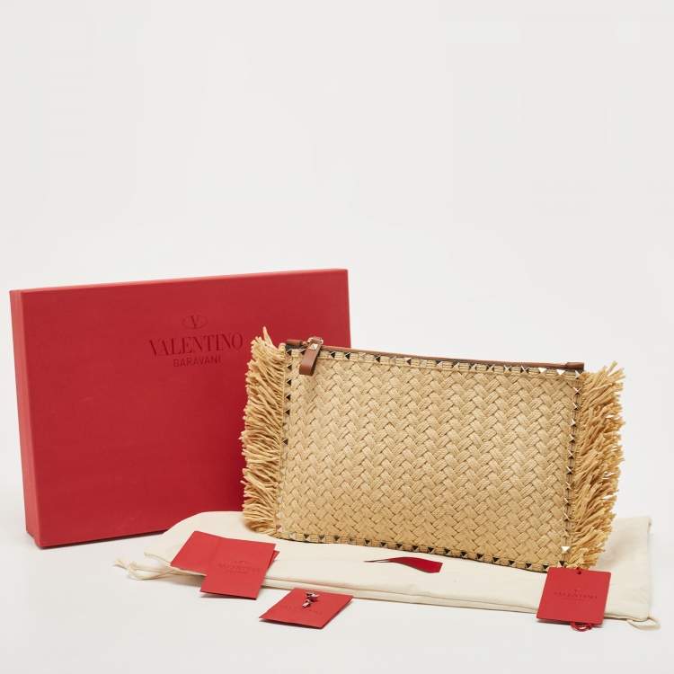 Pre Owned Valentino Brown/Natural Raffia and Leather Rockstud Zip Pouch