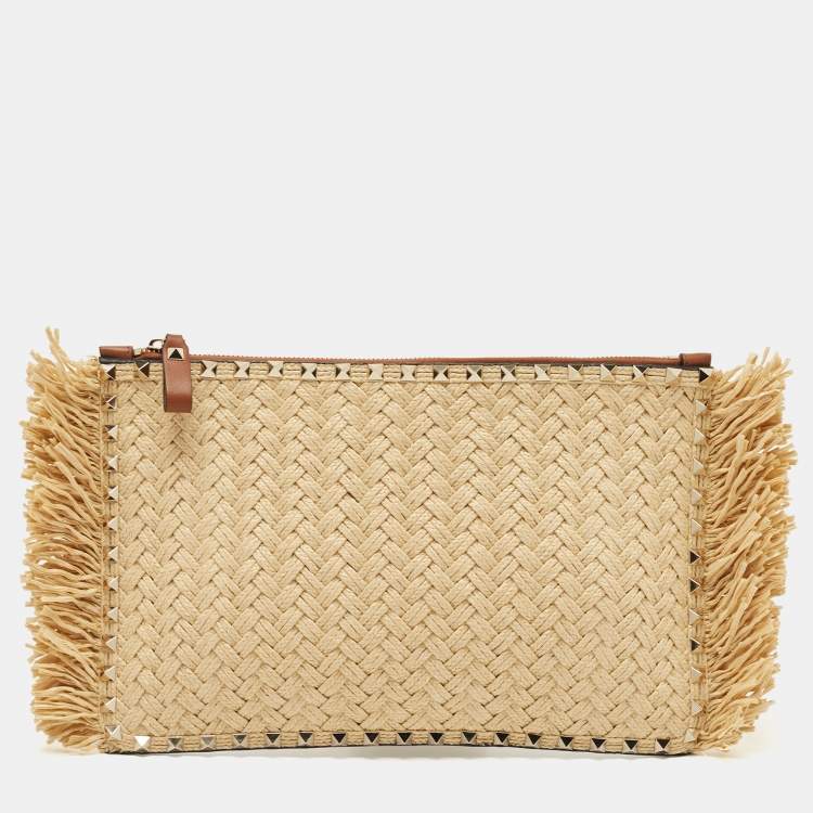 Pre Owned Valentino Brown/Natural Raffia and Leather Rockstud Zip Pouch