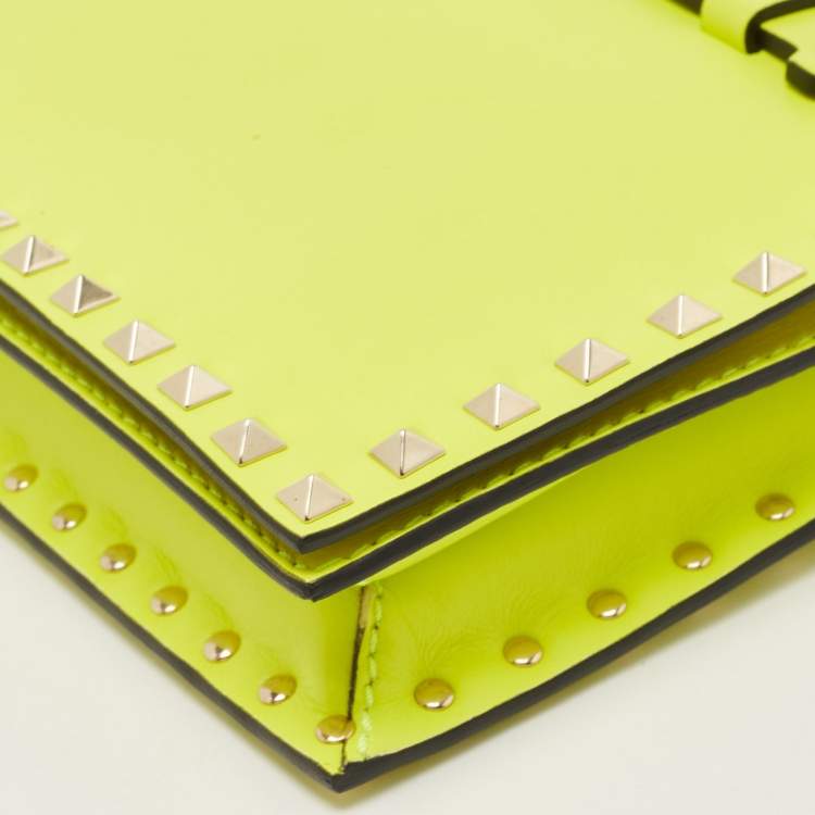 Pre Owned Valentino Neon Yellow Leather Rockstud Flap Wristlet Clutch